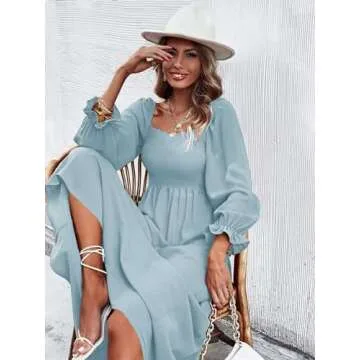 Floerns Women's Boho Square Neck Smocked Long Puff Sleeve A Line Maxi Dress Dusty Blue