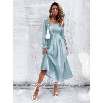 Floerns Women's Boho Square Neck Smocked Long Puff Sleeve A Line Maxi Dress Dusty Blue