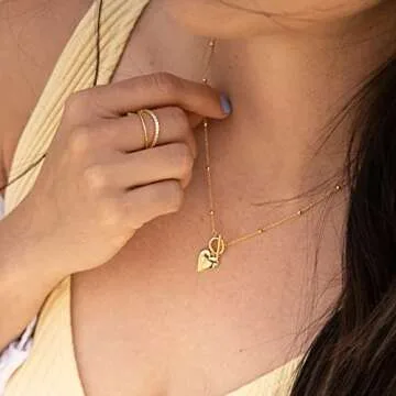 Puffed Heart Pendant Necklace in 18k Gold Vermeil 18 Inch | Satellite Chain Dotted Necklace with Heart Charm and Toggle T Bar Gift for Her