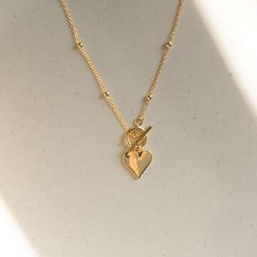 Puffed Heart Pendant Necklace in 18k Gold Vermeil 18 Inch | Satellite Chain Dotted Necklace with Heart Charm and Toggle T Bar Gift for Her