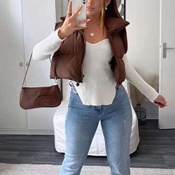 Ainangua Women's Crop Padded Vest Stand Collar Lightweight Sleeveless Puffer Zip Up Gilet Outerwear(Brown,S)