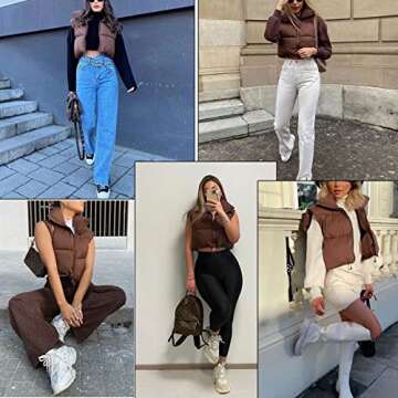 Ainangua Women's Crop Padded Vest Stand Collar Lightweight Sleeveless Puffer Zip Up Gilet Outerwear(Brown,S)