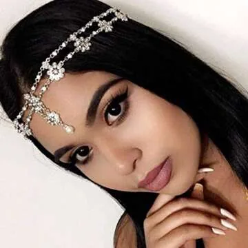 Aceorna Wedding Headbands Chain Floral Head Jewelry Hair Pieces Crystal Pearl Head Chains Headpiece Festival Holloween Costume Bridal Hair Accessories for Women and Girls (Silver)