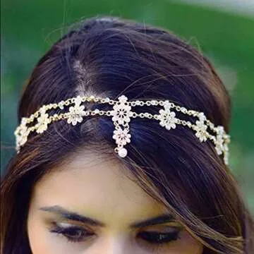 Aceorna Wedding Headbands Chain Floral Head Jewelry Hair Pieces Crystal Pearl Head Chains Headpiece Festival Holloween Costume Bridal Hair Accessories for Women and Girls (Silver)