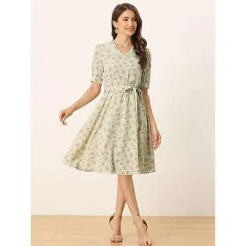 Allegra K Women's Vintage Peter Pan Collar High Waist Flowy Midi Puff Sleeve Floral Dress Medium Light Green