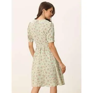 Allegra K Women's Vintage Peter Pan Collar High Waist Flowy Midi Puff Sleeve Floral Dress Medium Light Green