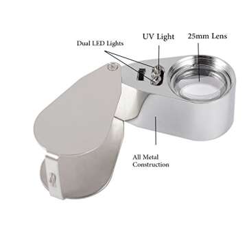 40X Full Metal Illuminated Jewelry Loop Magnifier, XYK Pocket Folding Magnifying Glass Jewelers Eye ...
