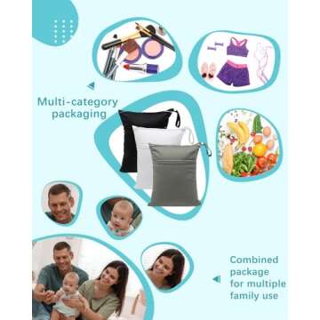 babygoal Wet Dry Bags 3 Pack, Waterproof Reusable Travel Bags for Swimsuits, Baby Cloth Diapers, Beach, Pool, Gym Bag & Wet Clothes with 2 Pockets L-BWG