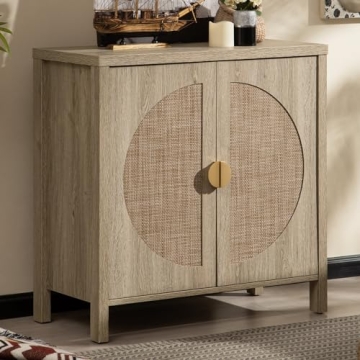 SICOTAS Rattan Buffet Cabinet, Accent Sideboard Storage Cabinet with Adjustable Shelves, Boho Creden...