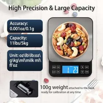 BOMATA Large Kitchen Scale with 0.1g/0.001oz High Precision, 5kg/11lb Bakery Scale with% Percentage Function, USB Rechargeable, Full-View Angle LCD with Backlight, Stainless Steel Pan