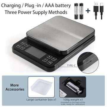BOMATA Large Kitchen Scale with 0.1g/0.001oz High Precision, 5kg/11lb Bakery Scale with% Percentage Function, USB Rechargeable, Full-View Angle LCD with Backlight, Stainless Steel Pan