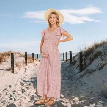 guruixu V Neck Floral Maternity Dress for Photoshoot Baby Shower, Flutter Sleeve Fall Boho Causal Smocked Pregnancy Dress Pink