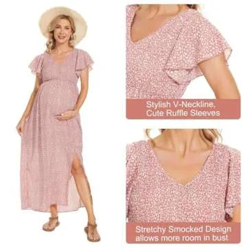 guruixu V Neck Floral Maternity Dress for Photoshoot Baby Shower, Flutter Sleeve Fall Boho Causal Smocked Pregnancy Dress Pink