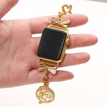 STARAMZ Bling Bands Compatible with Apple Watch Bands 38mm 40mm 41mm 42mm 44mm 45mm,Stainless Steel Luxury Bling Cubic Zirconia Bowknot Tree of Life Butterfly Key Lock Bracelet Wristband Band for
