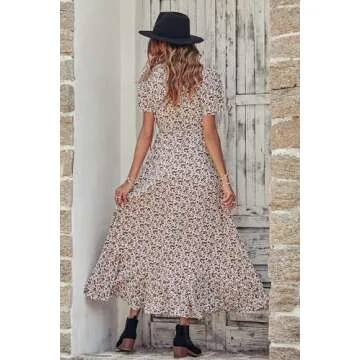 PRETTYGARDEN Women's Summer Wrap Maxi Dress Casual Boho Floral V Neck Short Sleeve Ruffle Hem Split Beach Long Dresses (White Red Floral,Medium)