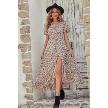 PRETTYGARDEN Women's Summer Wrap Maxi Dress Casual Boho Floral V Neck Short Sleeve Ruffle Hem Split Beach Long Dresses (White Red Floral,Medium)