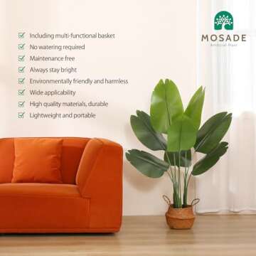 MOSADE 4FT Artificial Bird of Paradise Plant,Tall Fake Tropical Palm Tree with Woven Seagrass Basket...