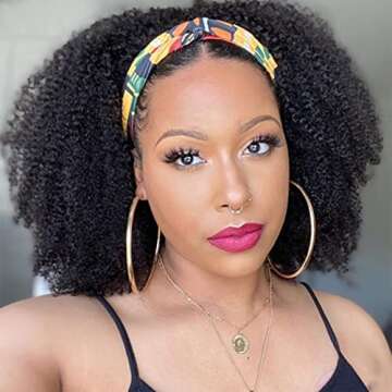 ISEE Hair Afro Kinky Curly Headband Wig Human Hair 180% Density Afro Wigs for Black Women Natural Curls 10A Glueless Human Hair Wigs (22 Inch)