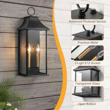 Lawyettle Dusk to Dawn Outdoor Lantern, Modern Black Wall Sconce