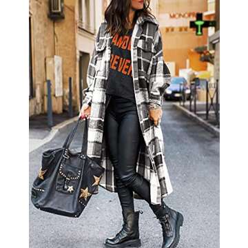 SKIKYAN Women Fall Flannel Plaid Shacket Jacket Oversized Button Down Long Shirt Jacket (Black, Smal...