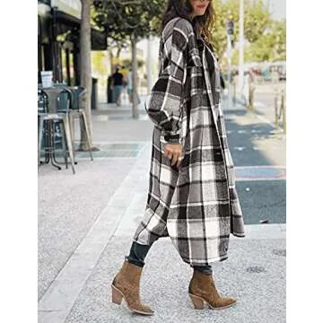 SKIKYAN Women Fall Flannel Plaid Shacket Jacket Oversized Button Down Long Shirt Jacket (Black, Small)