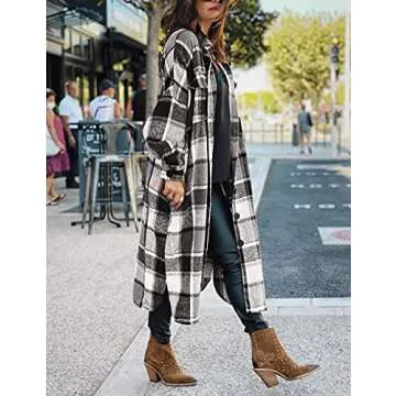 SKIKYAN Women Fall Flannel Plaid Shacket Jacket Oversized Button Down Long Shirt Jacket (Black, Small)