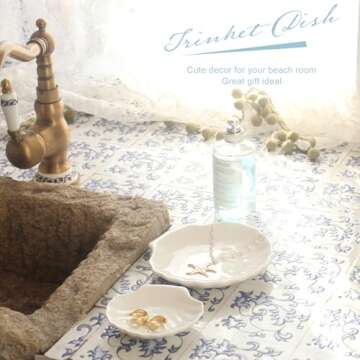 CCINPPY Shell Ring Dish Tray, Ceramic Jewelry Tray Trinket Dish, Seashell Key Holder Bowl, Beach Room Coastal Decor Aesthetic, Ocean Bathroom Counter Decor, White, Small