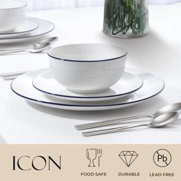 Zulay Kitchen Icon Porcelain Dinnerware Set, Service For 4 - Chip & Scratch Resistant White Plates A...