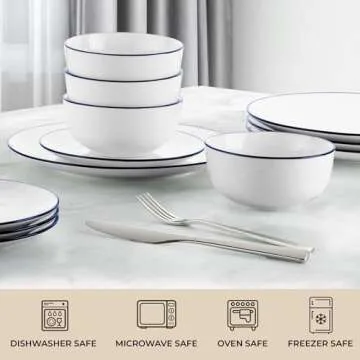 Zulay Kitchen Icon Porcelain Dinnerware Set, Service For 4 - Chip & Scratch Resistant White Plates And Bowls Sets - Microwave & Dishwasher Safe - White With Blue Rim