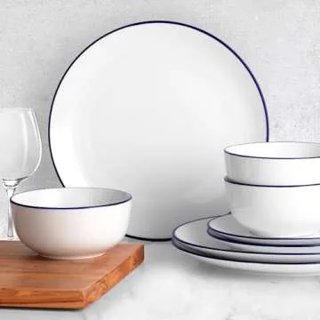 Zulay Kitchen Icon Porcelain Dinnerware Set, Service For 4 - Chip & Scratch Resistant White Plates And Bowls Sets - Microwave & Dishwasher Safe - White With Blue Rim