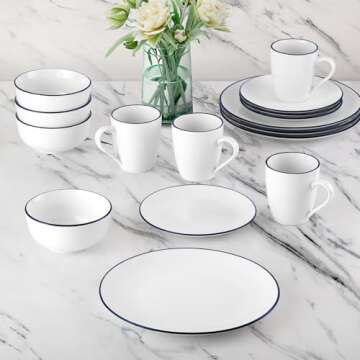 Zulay Kitchen Icon Porcelain Dinnerware Set, Service For 4 - Chip & Scratch Resistant White Plates And Bowls Sets - Microwave & Dishwasher Safe - White With Blue Rim