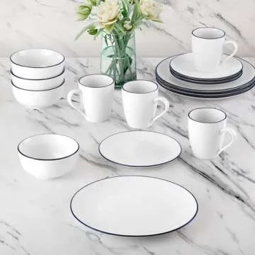 Zulay Kitchen Icon Porcelain Dinnerware Set, Service For 4 - Chip & Scratch Resistant White Plates And Bowls Sets - Microwave & Dishwasher Safe - White With Blue Rim