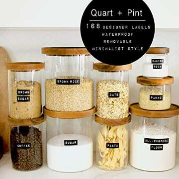 QUART + PINT 168 Kitchen Pantry Labels for Containers. Preprinted Label Maker Style. Black Matte Sti...