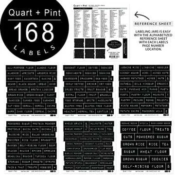 QUART + PINT 168 Kitchen Pantry Labels for Containers. Preprinted Label Maker Style. Black Matte Sticker White Text. Waterproof Stickers. Organization Labels for Jars Canisters & Storage Home Bins.