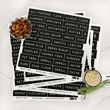 QUART + PINT 168 Kitchen Pantry Labels for Containers. Preprinted Label Maker Style. Black Matte Sticker White Text. Waterproof Stickers. Organization Labels for Jars Canisters & Storage Home Bins.