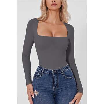 QINSEN Tummy Ontrol Bodysuit for Women Square Neck High Cut T Shirt Long Sleeve Tops Dark Grey XL