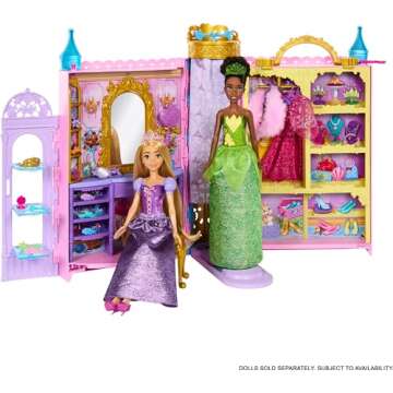Mattel Disney Princess Toys, Ready for The Ball Closet Playset Opens to 2 Feet Wide & Includes 2 Fashions, 25 Accessories, Storage & More