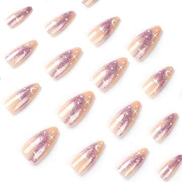 RikView French Tip Press on Meduim Acrylic Nails Almond Fake Nude Nails Purple Stick on Nails 24 PCs...