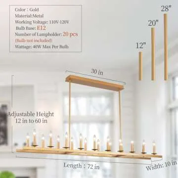 QJMPP 70-Inch Rustic Gold Linear Chandelier,Extra Long Chandelier,Gold Light Fixture for Dining Room Living Room Kitchen Island, Modern Rectangular Candle Chandelier (20-Light,Bulbs Not Included)