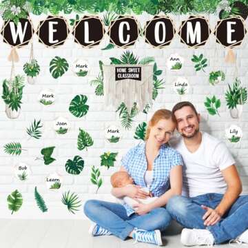 Simply 124 Pcs Boho Classroom Decor Plant Themed Classroom Decor Welcome Bulletin Board Set Home Sweet Classroom Macrame Header Bulletin Board Hexagons Cutouts Leaf Border Trims for Classroom Calendar