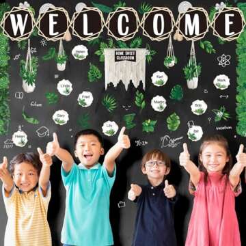Simply 124 Pcs Boho Classroom Decor Plant Themed Classroom Decor Welcome Bulletin Board Set Home Sweet Classroom Macrame Header Bulletin Board Hexagons Cutouts Leaf Border Trims for Classroom Calendar