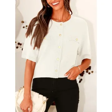 PRETTYGARDEN Women's Summer Button Down Shirts Casual Short Sleeve Crew Neck Ribbed Knit Blouse Top Cardigans (White,Medium)