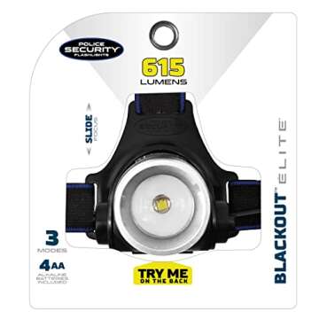Police Security Elite Blackout Headlamp - 615 Lumen - 7 Hour Battery Life - Camping, Walking, Fishing - Weather Resistant - Strong & Durable - High/Low/Flash