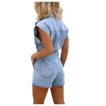 YADMISU Women's Vintage Short Sleeve Front Button Denim Romper Waist Tie Cute Stretch Distressed Jean Jumpsuit Shorts,Blue belt style,S