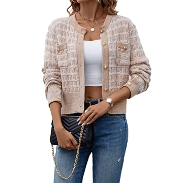 MakeMeChic Women's Cropped Cardigan Pearl Button Down Knit Open Front Sweaters Outerwear Apricot L Apricot S