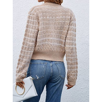 MakeMeChic Women's Cropped Cardigan Pearl Button Down Knit Open Front Sweaters Outerwear Apricot L Apricot S