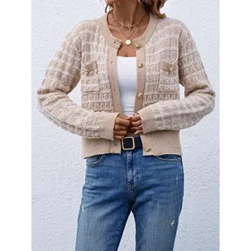 MakeMeChic Women's Cropped Cardigan Pearl Button Down Knit Open Front Sweaters Outerwear Apricot L Apricot S