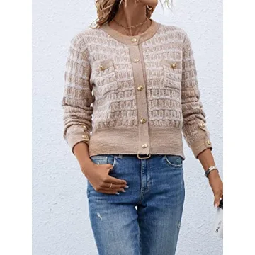 MakeMeChic Women's Cropped Cardigan Pearl Button Down Knit Open Front Sweaters Outerwear Apricot L Apricot S