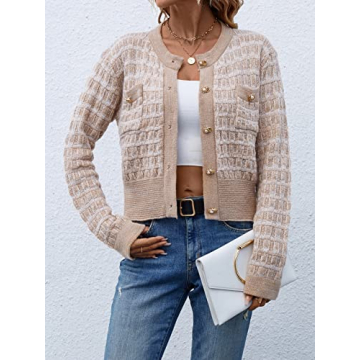 MakeMeChic Women's Cropped Cardigan Pearl Button Down Knit Open Front Sweaters Outerwear Apricot L Apricot S