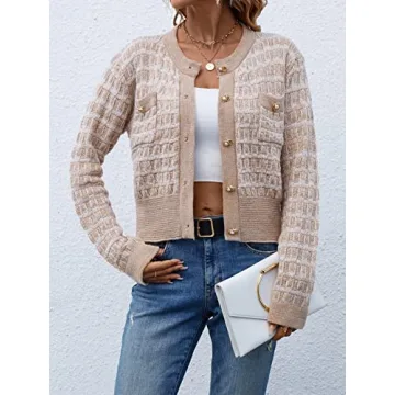 MakeMeChic Women's Cropped Cardigan Pearl Button Down Knit Open Front Sweaters Outerwear Apricot L Apricot S